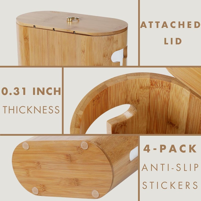 GOBAM Bamboo Toilet Paper Storage with Dual-Use Lid, Freestanding Bathroom Tissue Organizer with Viewing Slot, Built-In Handle, Anti-Slip Base, Compact Toilet Paper Holder Stand for up to 6 Mega Rolls - Image 5